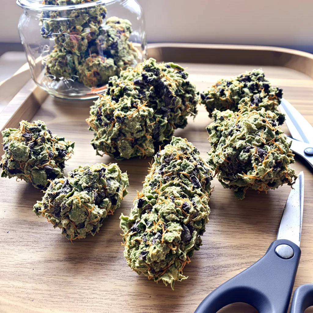Blue Galaxy 40% indica / 60% sativa — flor con tricomas visibles