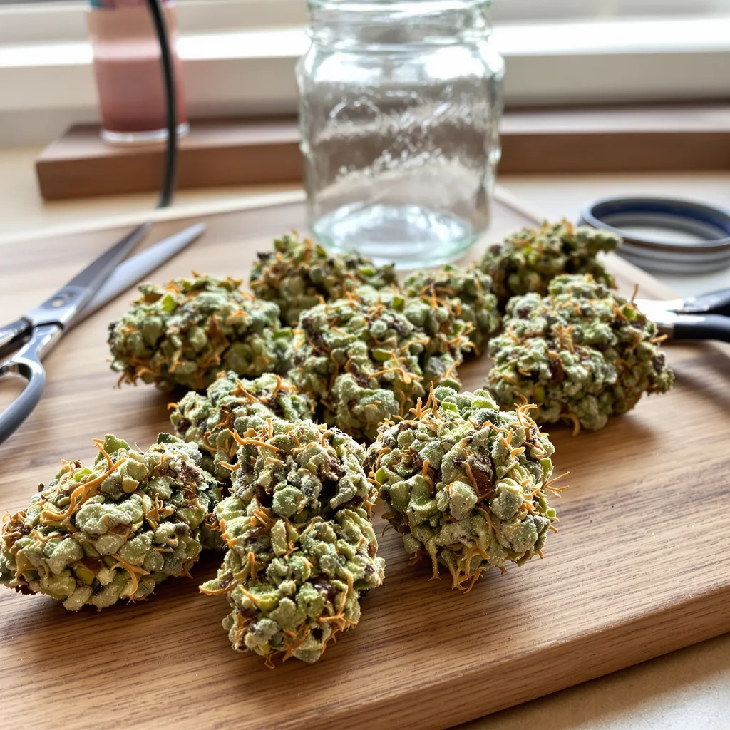 Blue Galaxy 40% indica / 60% sativa — flor con tricomas visibles