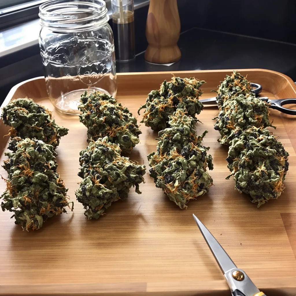 Blue God 100% indica / 50% sativa — flor con tricomas visibles