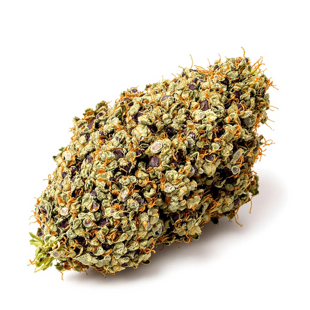 Blue God 100% indica / 50% sativa — flor con tricomas visibles