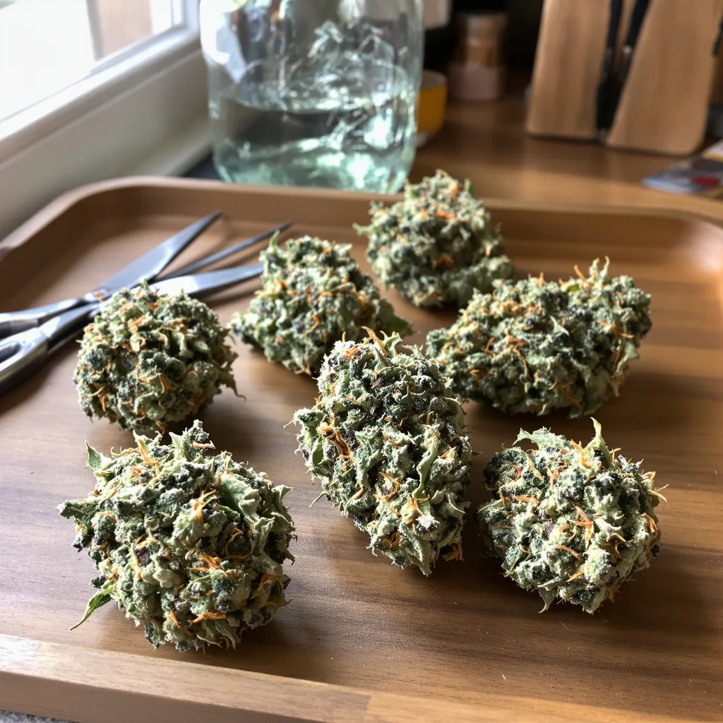 Blue Goo 35% indica / 65% sativa — flor con tricomas visibles