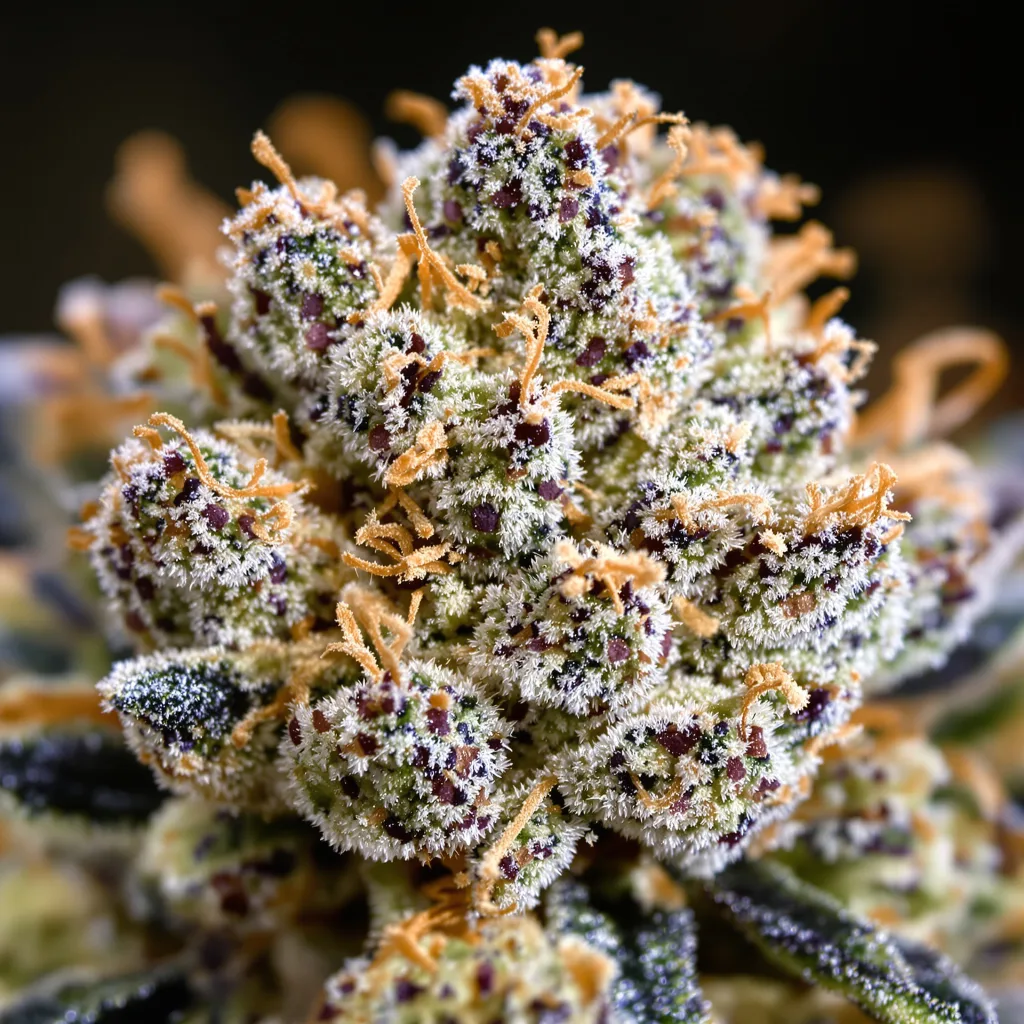 Primer plano de cogollo de cannabis Blue Goo mostrando estructura abierta con pistilos naranjas