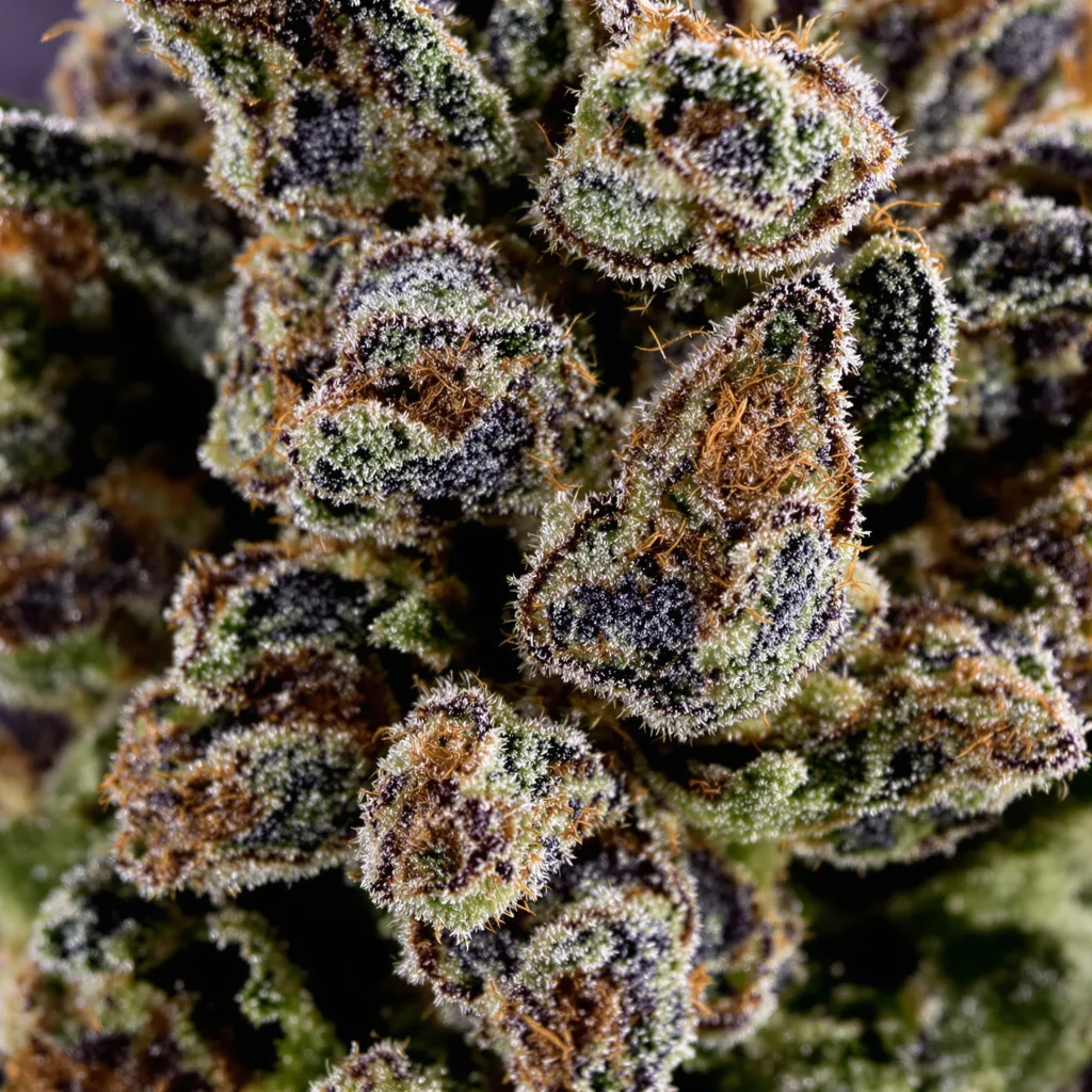 Primer plano de cogollo de cannabis Blue Jack City mostrando cálices densos con tonos morados