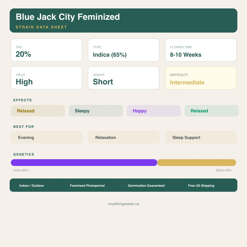 Blue Jack City 65% indica / 35% sativa — flor con tricomas visibles