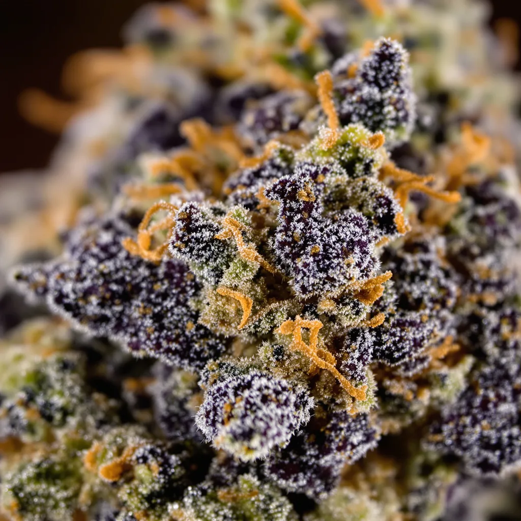 Primer plano de cogollo de cannabis Blue Jack City mostrando cálices densos con tonos morados