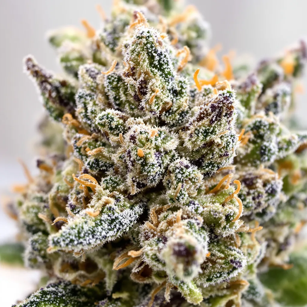 Primer plano de cogollo de cannabis Blue Jay Way mostrando cogollos densos verde bosque
