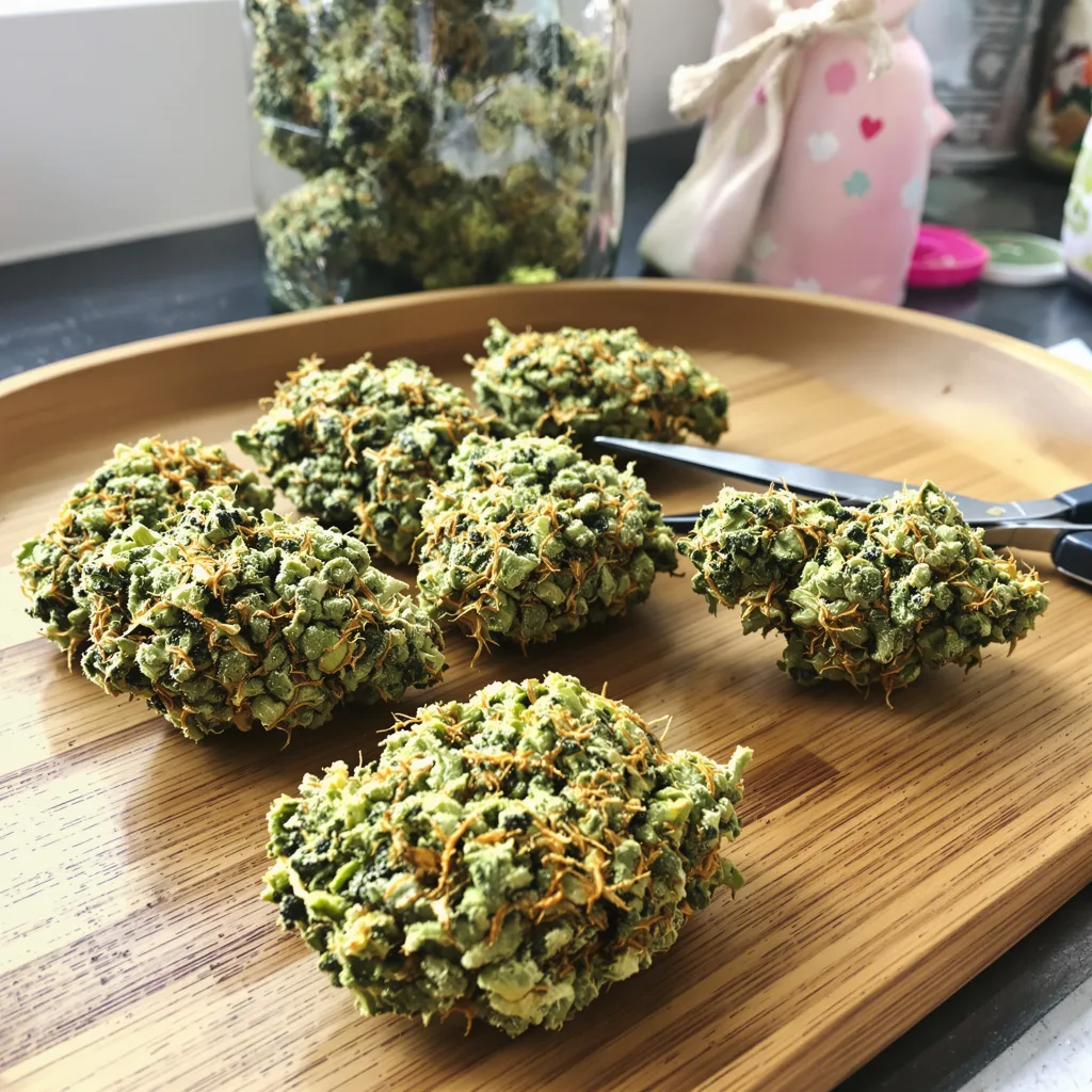 Blue Kiss 12% indica / 88% sativa — flor con tricomas visibles