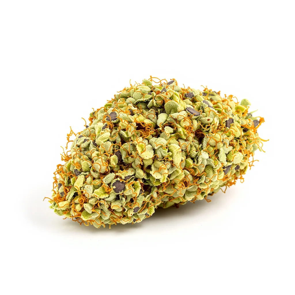 Blue Kiss 12% indica / 88% sativa — flor con tricomas visibles