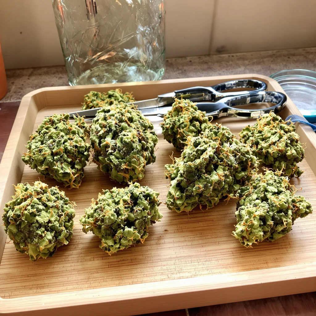 Blue Kiss 12% indica / 88% sativa — flor con tricomas visibles