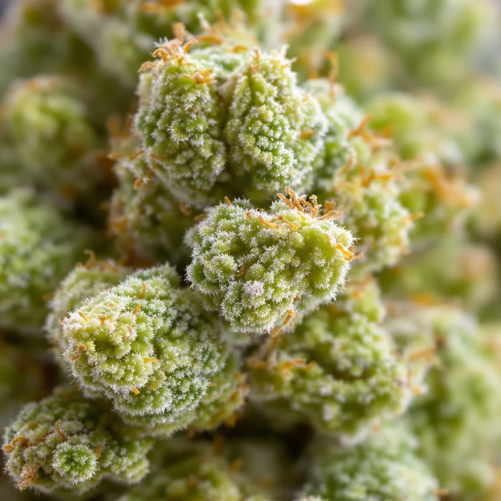 Primer plano de cogollo de cannabis Blue Kiss mostrando estructura aireada verde lima