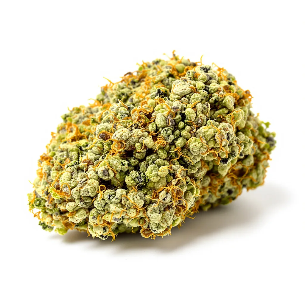 Blue Kiss 12% indica / 88% sativa — flor con tricomas visibles