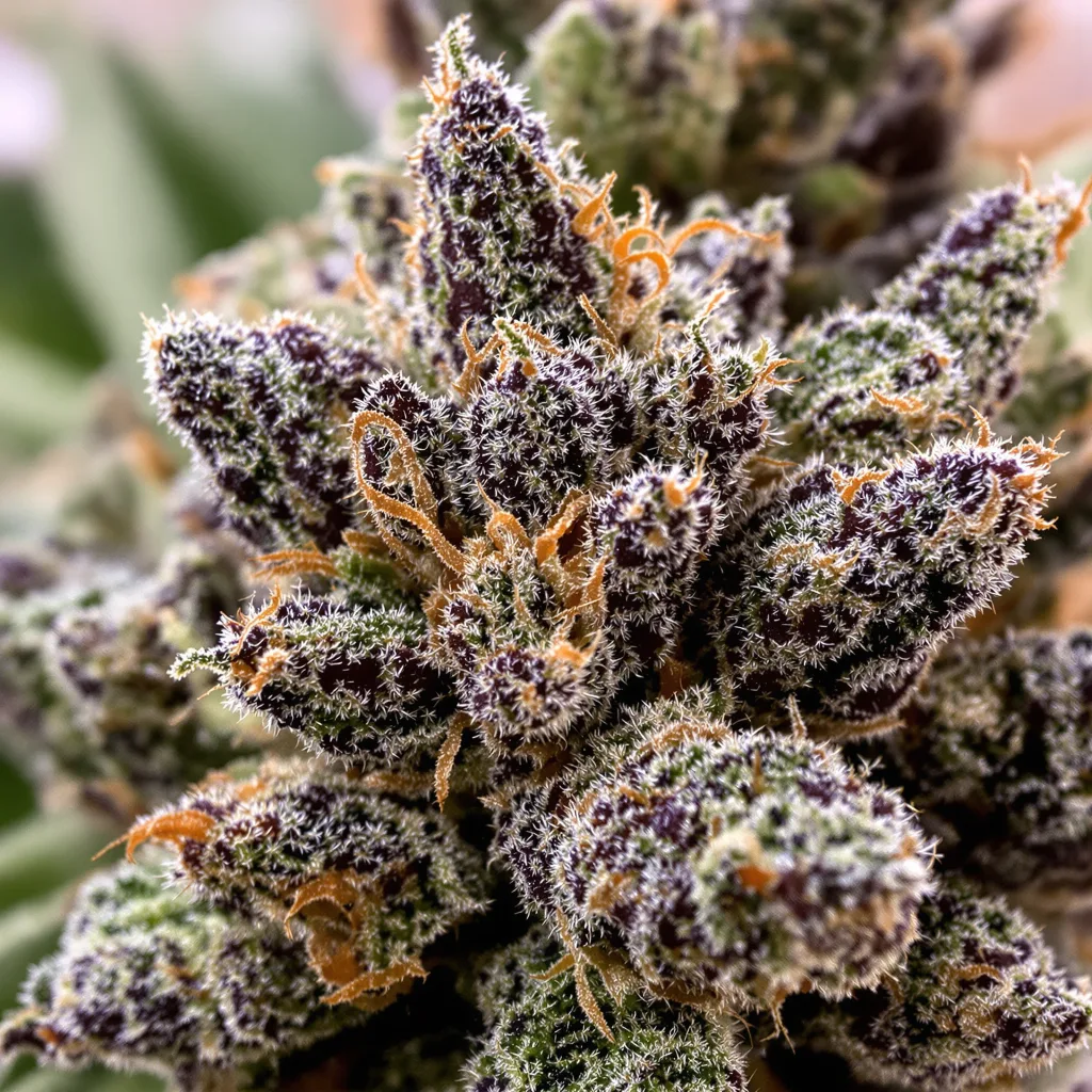 Primer plano de cogollo de cannabis Blue Knight mostrando cálices densos con tonos morados