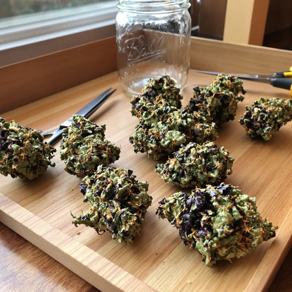 Blue Knight 76% indica / 24% sativa — flor con tricomas visibles
