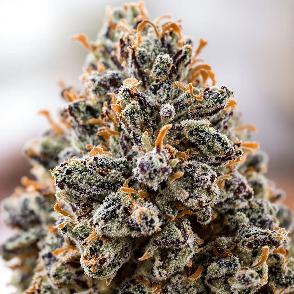 Primer plano de cogollo de cannabis Blue Knight mostrando cálices densos con tonos morados