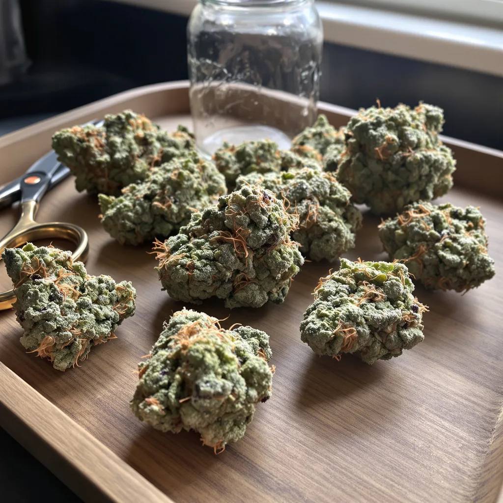 Blue Kush 55% indica / 45% sativa — flor con tricomas visibles