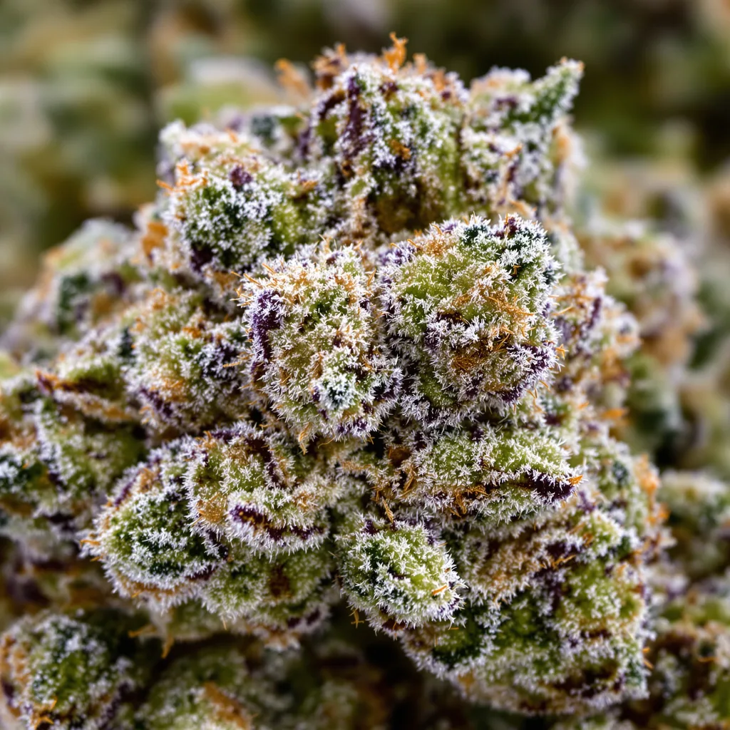 Primer plano de cogollo de cannabis Blue Kush mostrando estructura equilibrada con tricomas escarchados