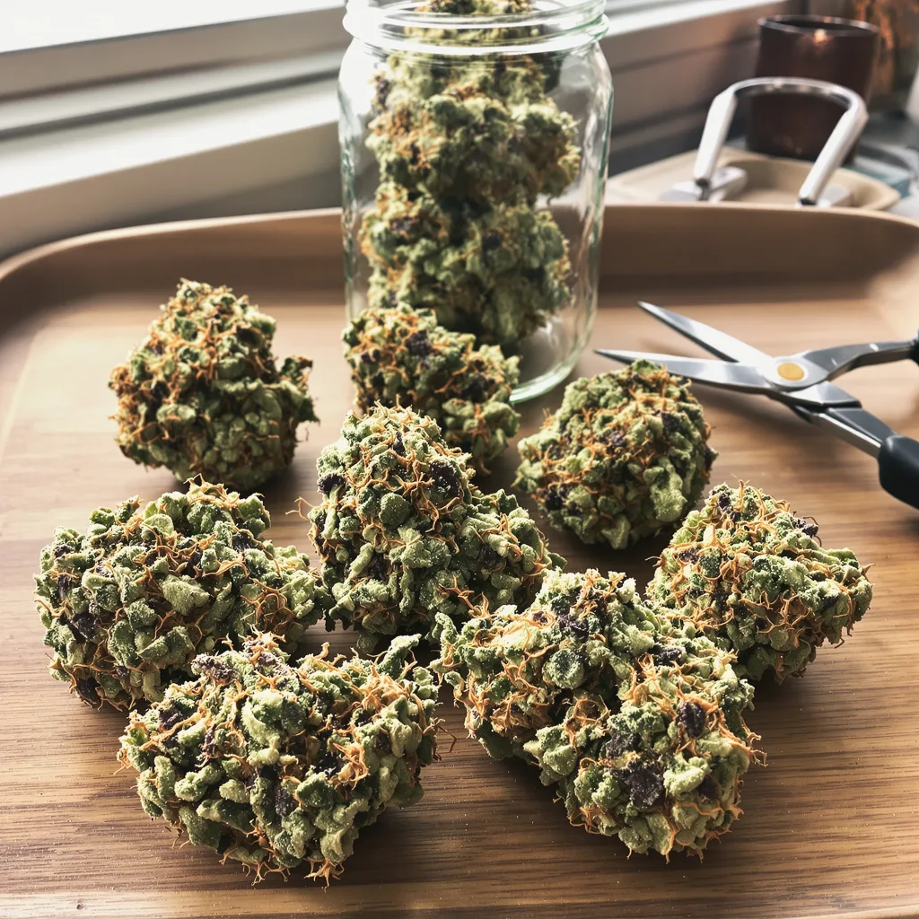 Blue Kush 55% indica / 45% sativa — flor con tricomas visibles