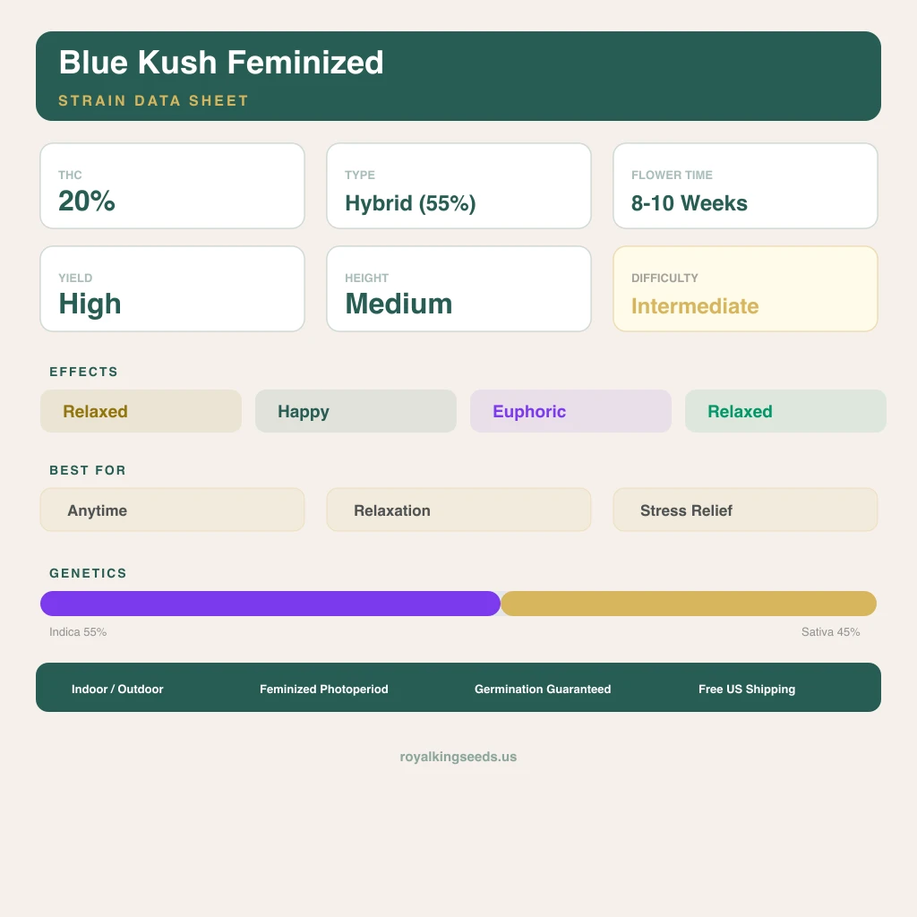 Blue Kush 55% indica / 45% sativa — flor con tricomas visibles