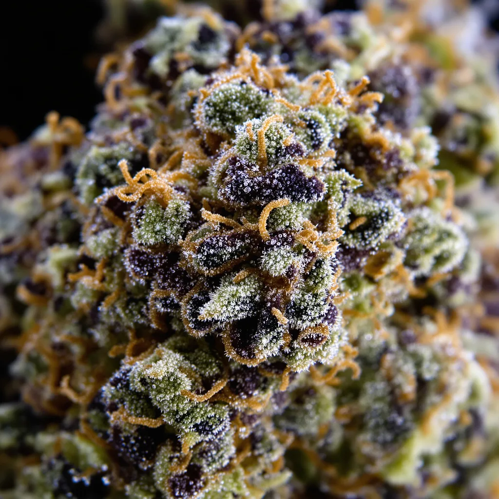 Primer plano de cogollo de cannabis Blue Lights mostrando cálices densos con tonos morados