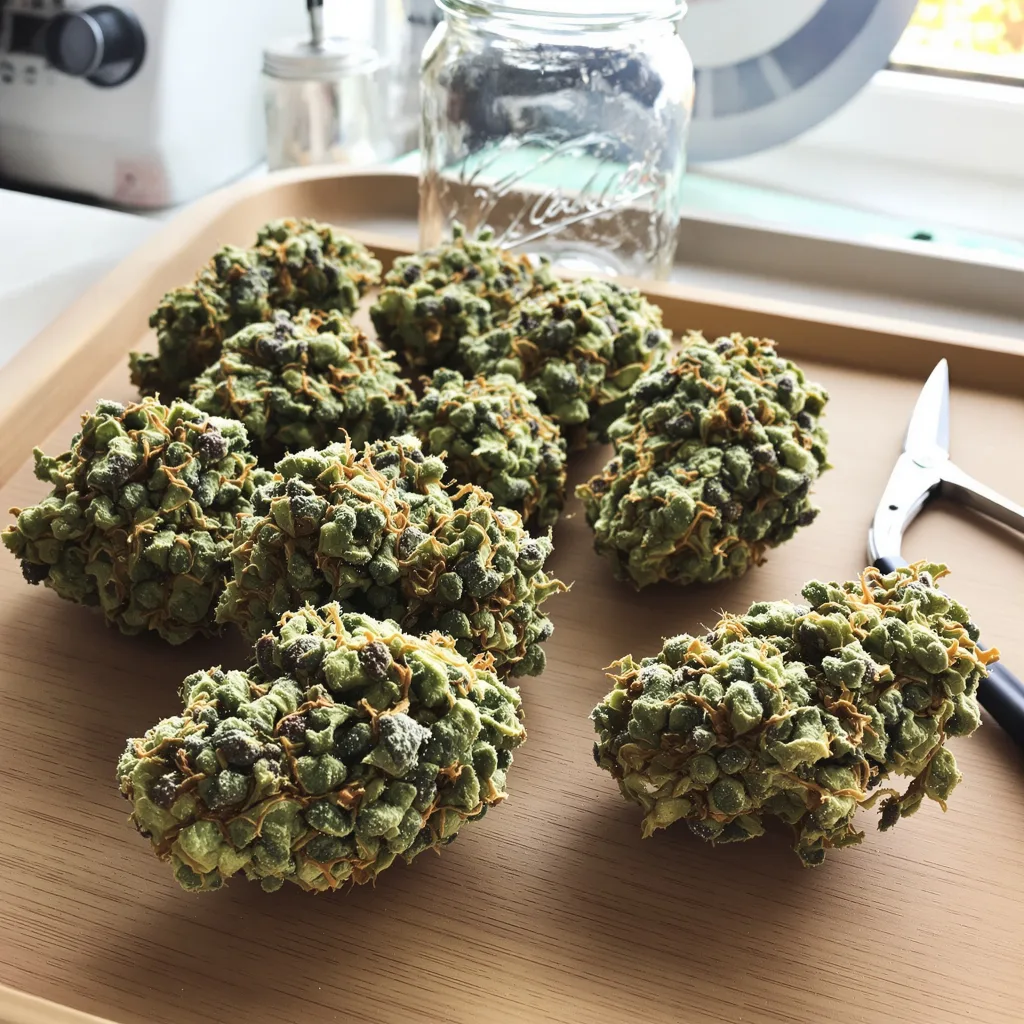 Blue Lyly 54% indica / 46% sativa — flor con tricomas visibles