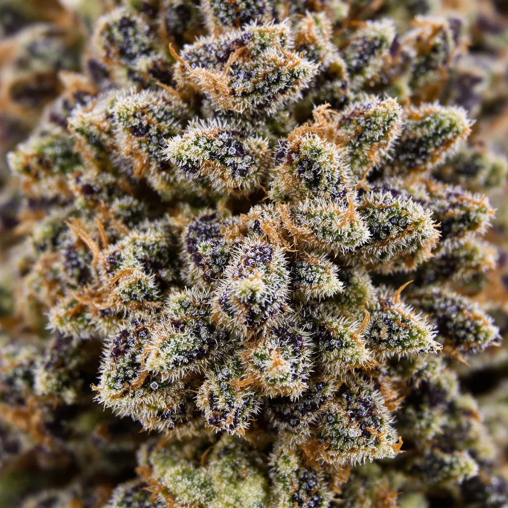 Primer plano de cogollo de cannabis Blue Magoo mostrando cálices densos con tonos morados