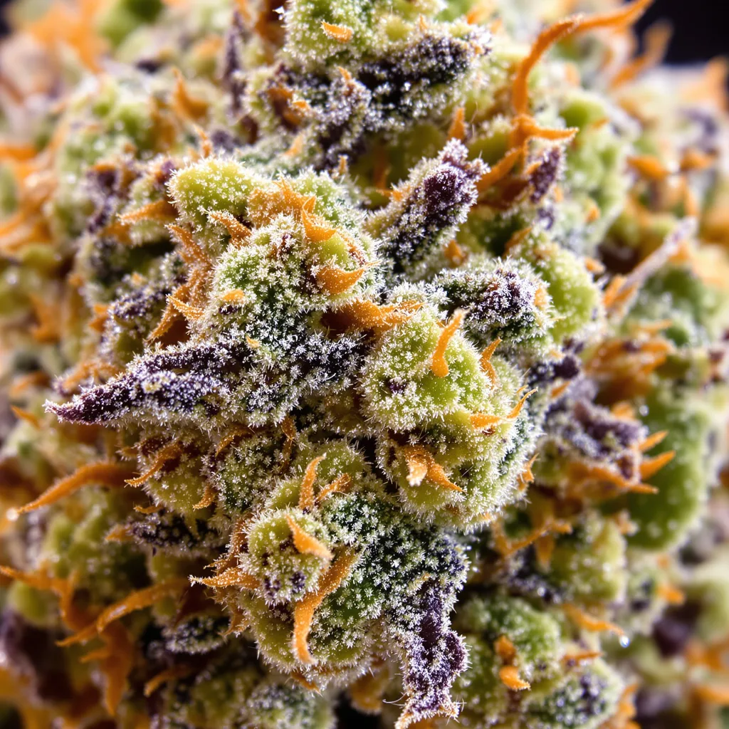Primer plano de cogollo de cannabis Blue Mango mostrando estructura abierta con pistilos naranjas