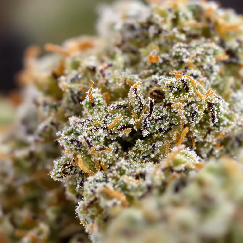 Primer plano de cogollo de cannabis Blue Mango mostrando estructura abierta con pistilos naranjas