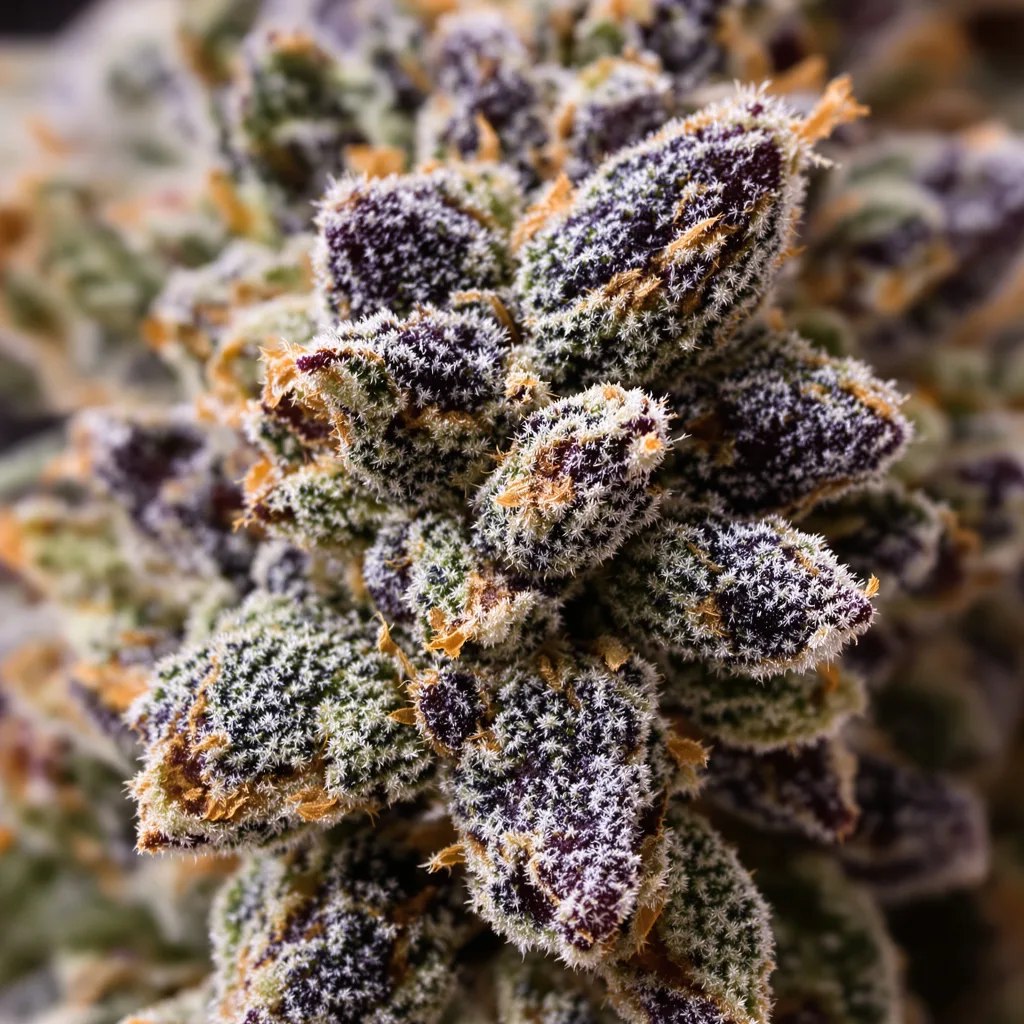 Primer plano de cogollo de cannabis Blue Monster mostrando cálices densos con tonos morados