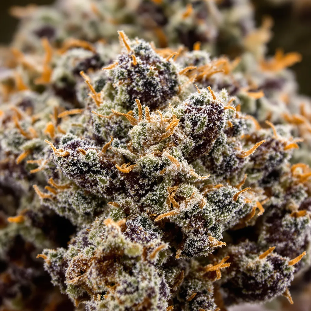 Primer plano de cogollo de cannabis Blue Moon Rocks mostrando cálices densos con tonos morados