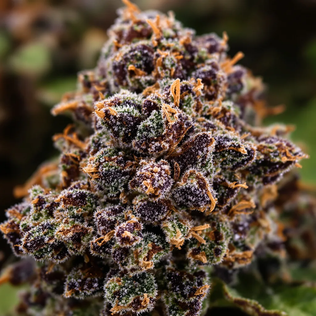 Primer plano de cogollo de cannabis Blue Mystic mostrando cálices densos con tonos morados