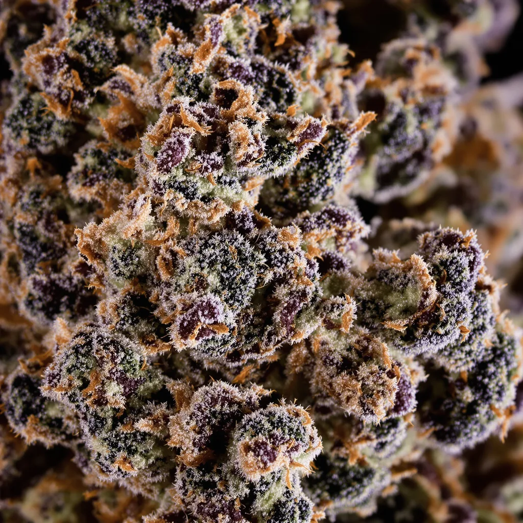 Primer plano de cogollo de cannabis Blue Ox mostrando cálices densos con tonos morados