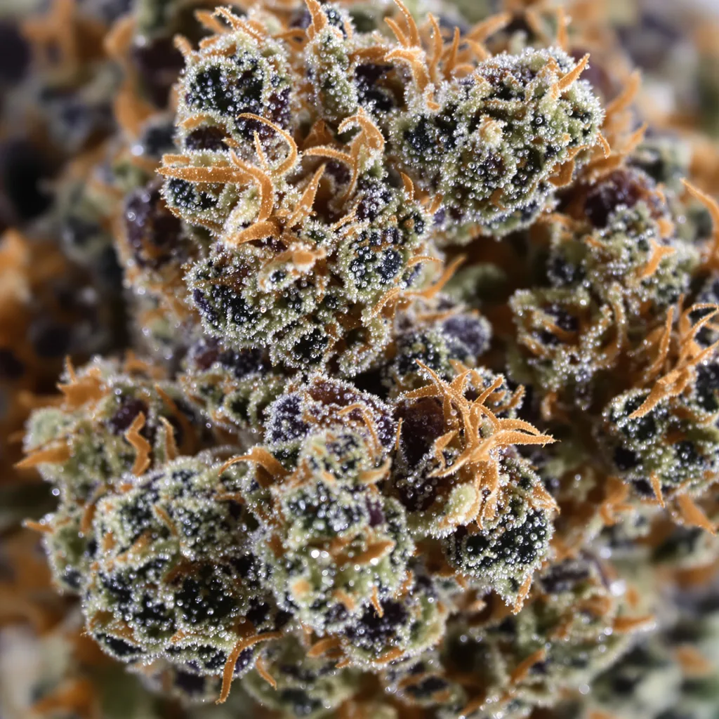 Primer plano de cogollo de cannabis Blue Ox mostrando cálices densos con tonos morados