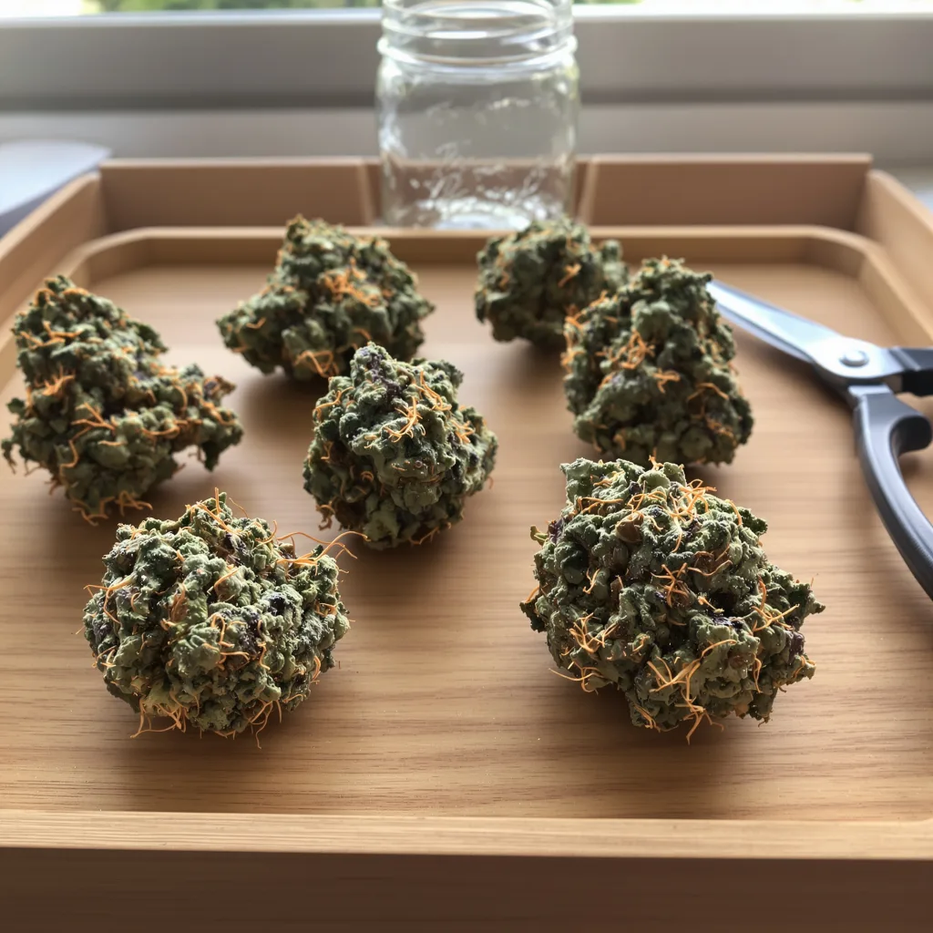 Blue Persuasion 72% indica / 28% sativa — flor con tricomas visibles
