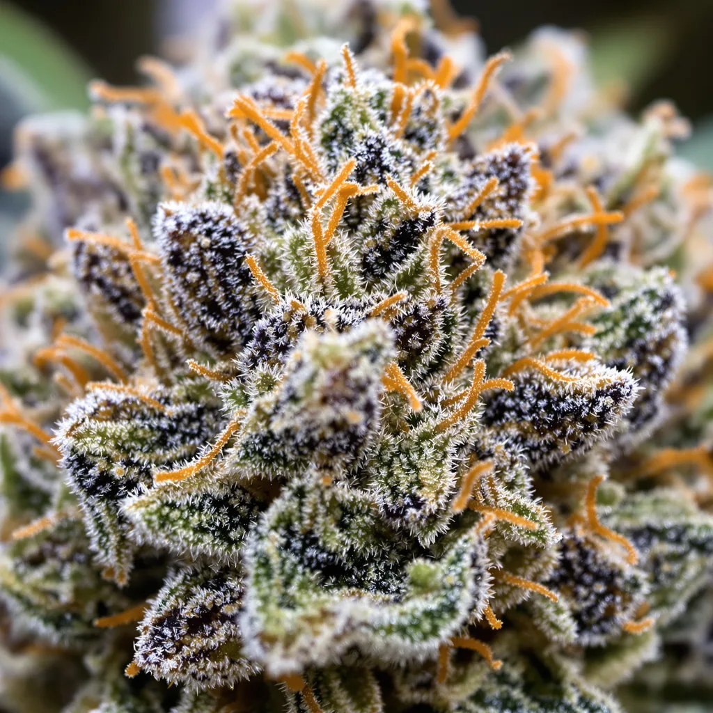 Primer plano de cogollo de cannabis Blue Persuasion mostrando cálices densos con tonos morados
