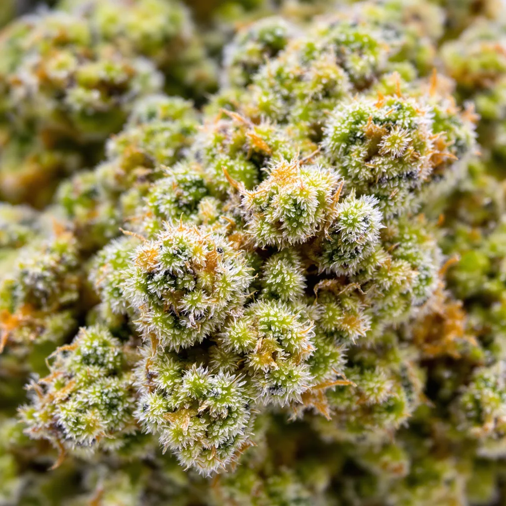 Primer plano de cogollo de cannabis Blue Princess mostrando estructura aireada verde lima
