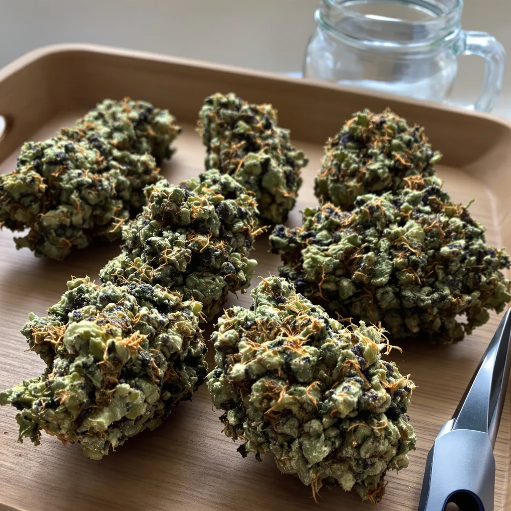 Blue Widow 76% indica / 24% sativa — flor con tricomas visibles