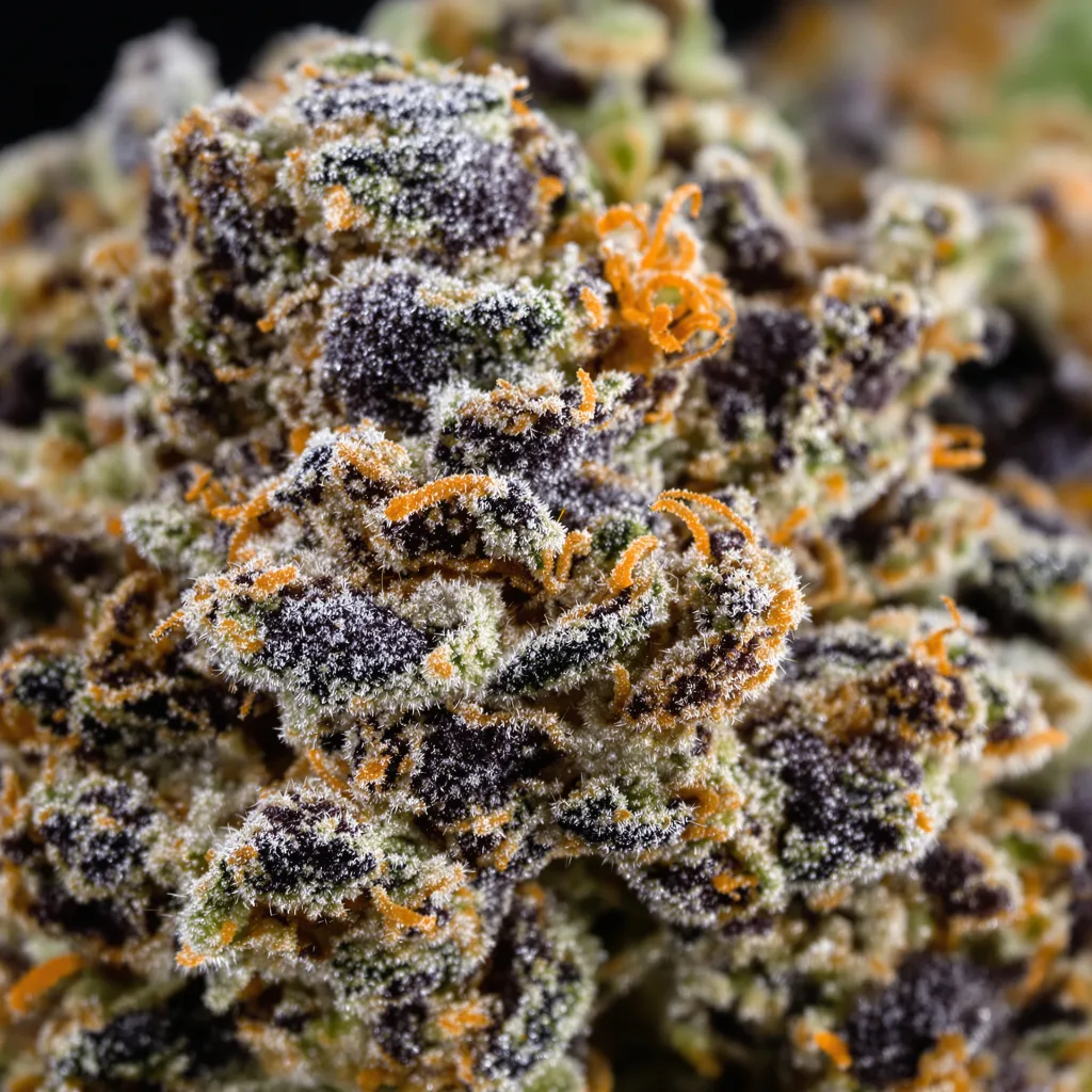Primer plano de cogollo de cannabis Blue Widow mostrando cálices densos con tonos morados