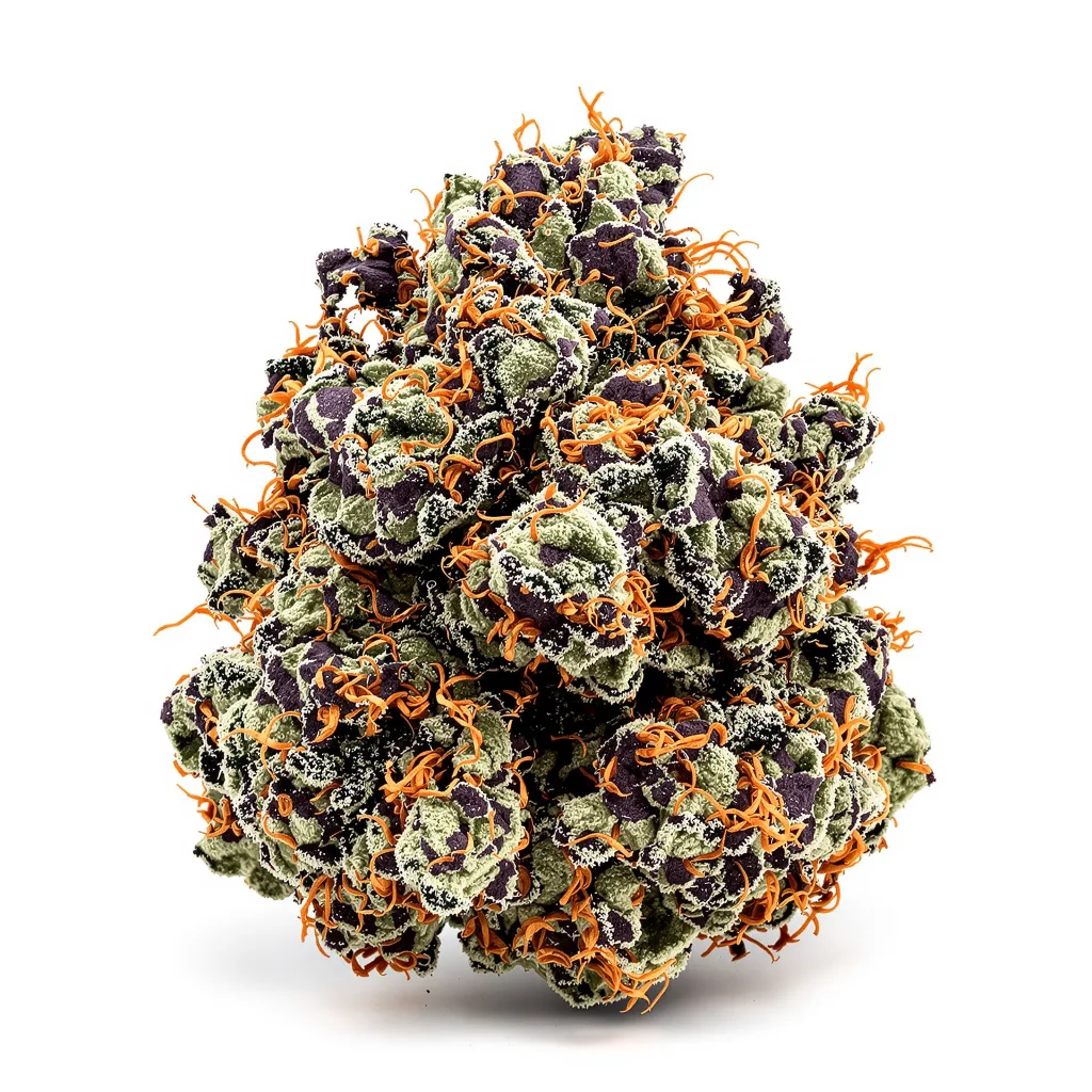 Blue Widow 76% indica / 24% sativa — flor con tricomas visibles