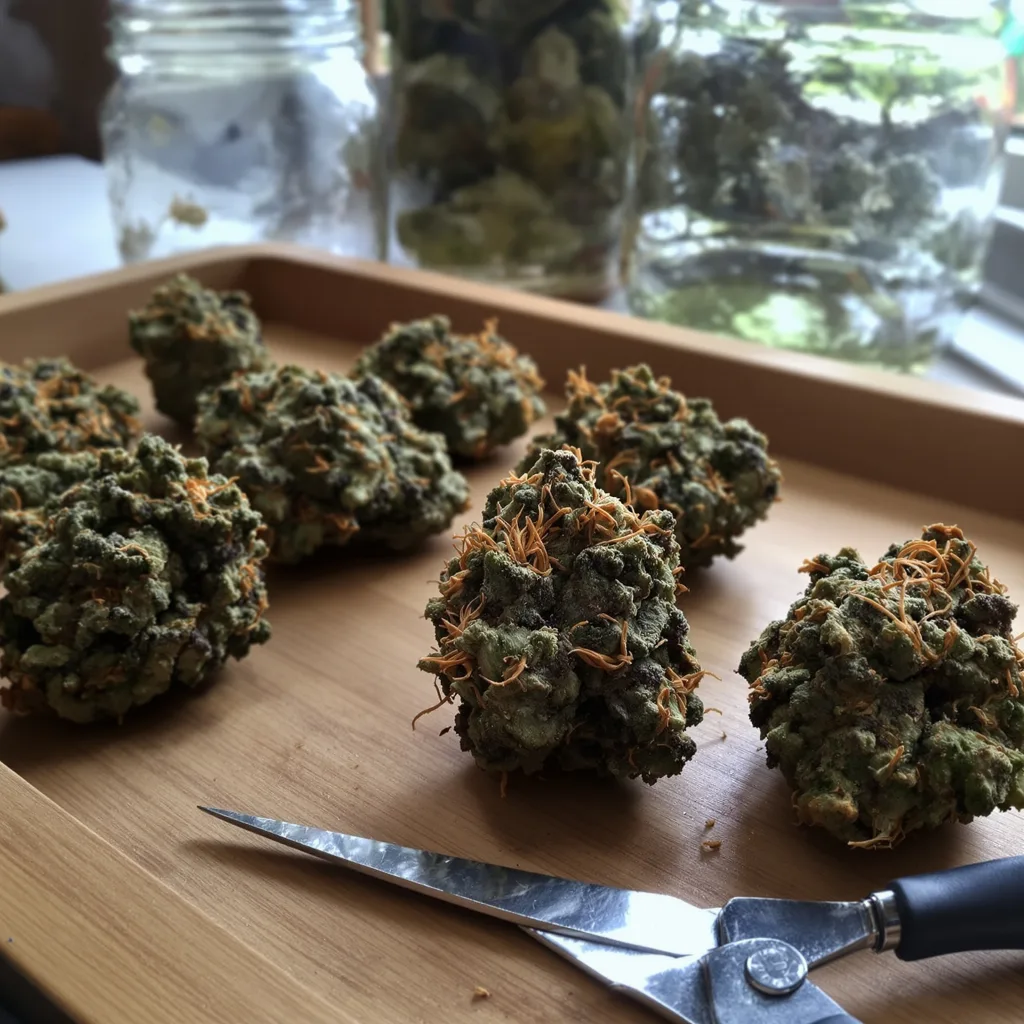 Blue Zombie 66% indica / 34% sativa — flor con tricomas visibles