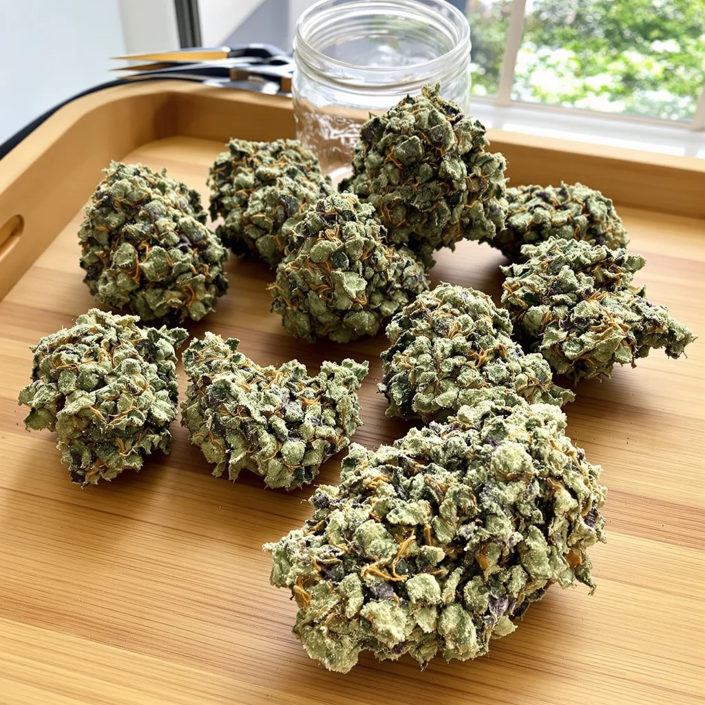 Blue Zushi 35% indica / 65% sativa — flor con tricomas visibles