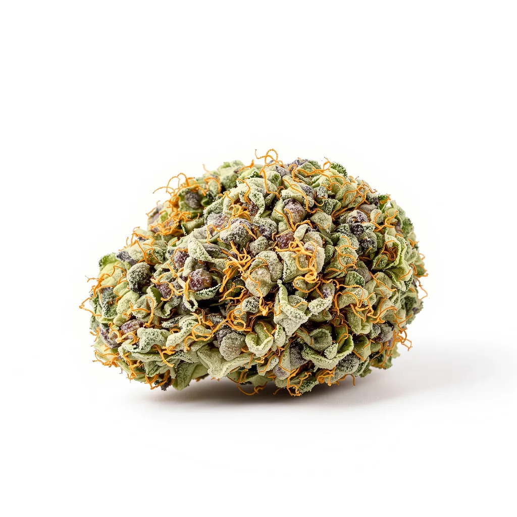 Blue Zushi 35% indica / 65% sativa — flor con tricomas visibles