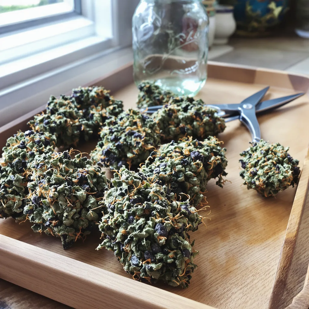 Blueberry 80% indica / 20% sativa — flor con tricomas visibles