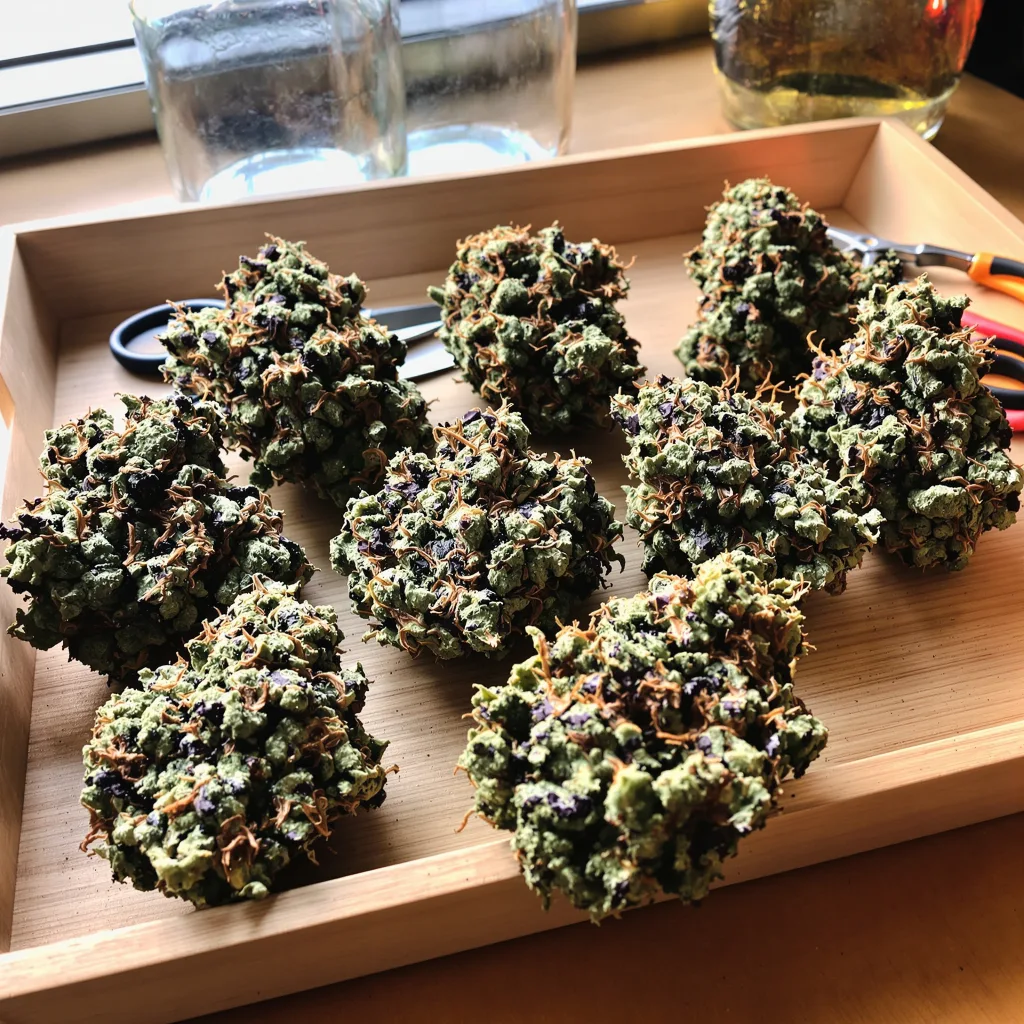 Blueberry Badazz OG 78% indica / 22% sativa — flor con tricomas visibles