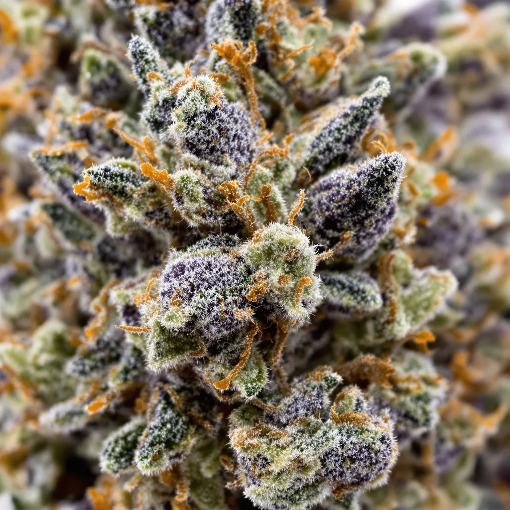Primer plano de cogollo de cannabis Blueberry Badazz OG mostrando cálices densos con tonos morados