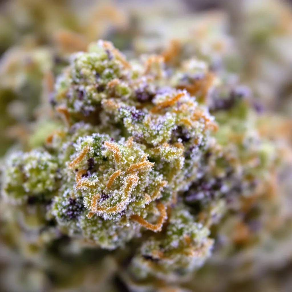 Primer plano de cogollo de cannabis Blueberry Cheesecake mostrando estructura abierta con pistilos naranjas