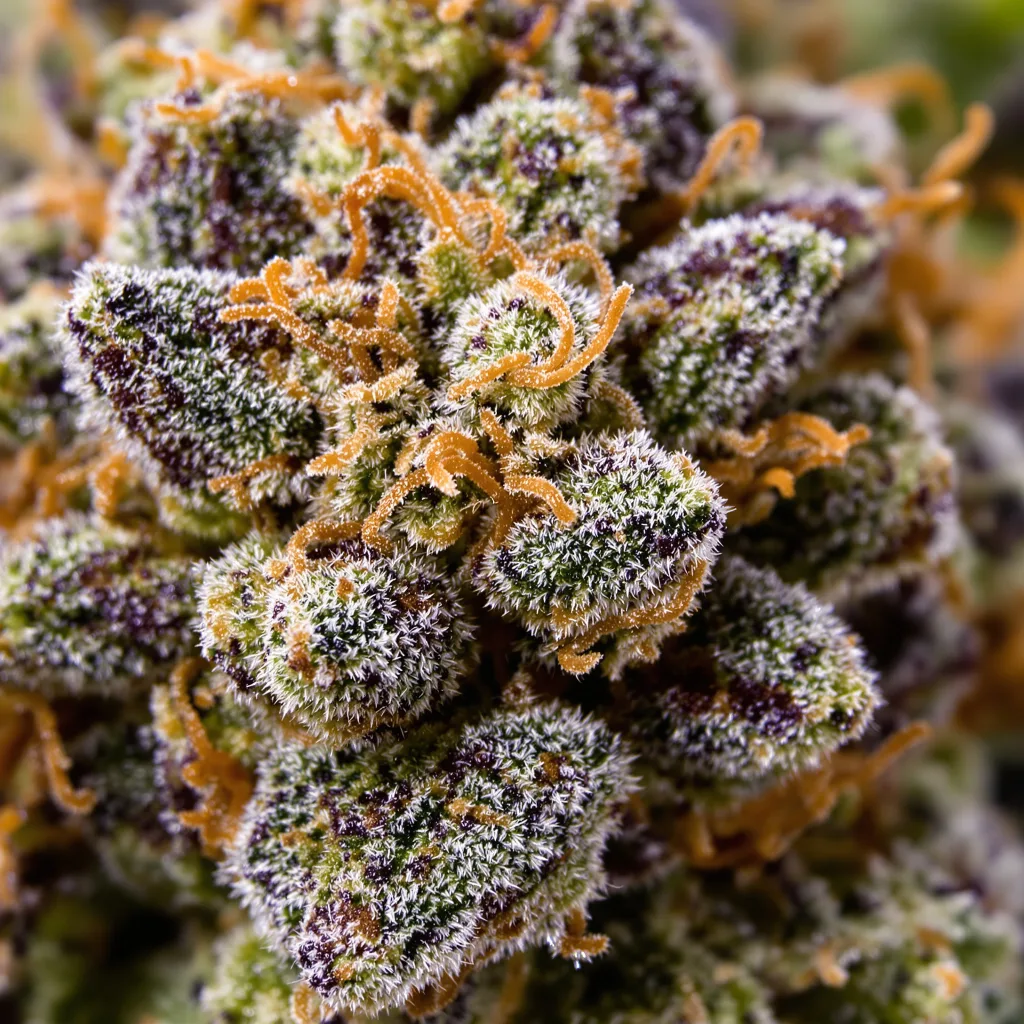 Primer plano de cogollo de cannabis Blueberry mostrando cálices densos con tonos morados