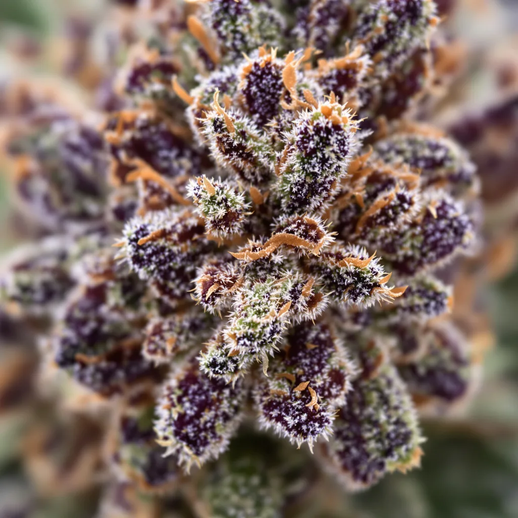 Primer plano de cogollo de cannabis Blueberry Gusto mostrando cálices densos con tonos morados