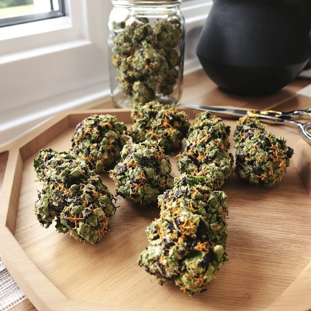 Blueberry Gusto 75% indica / 25% sativa — flor con tricomas visibles