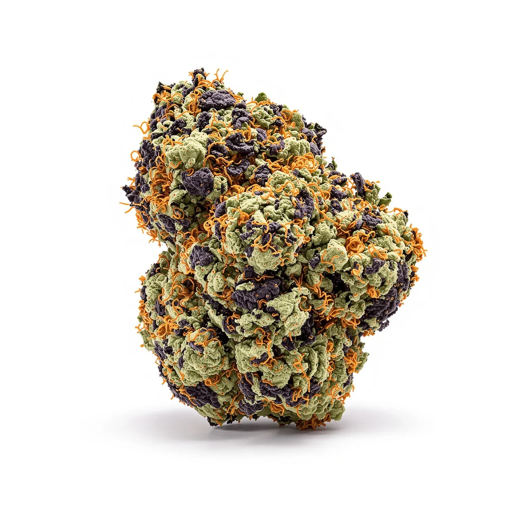 Blueberry Gusto 75% indica / 25% sativa — flor con tricomas visibles