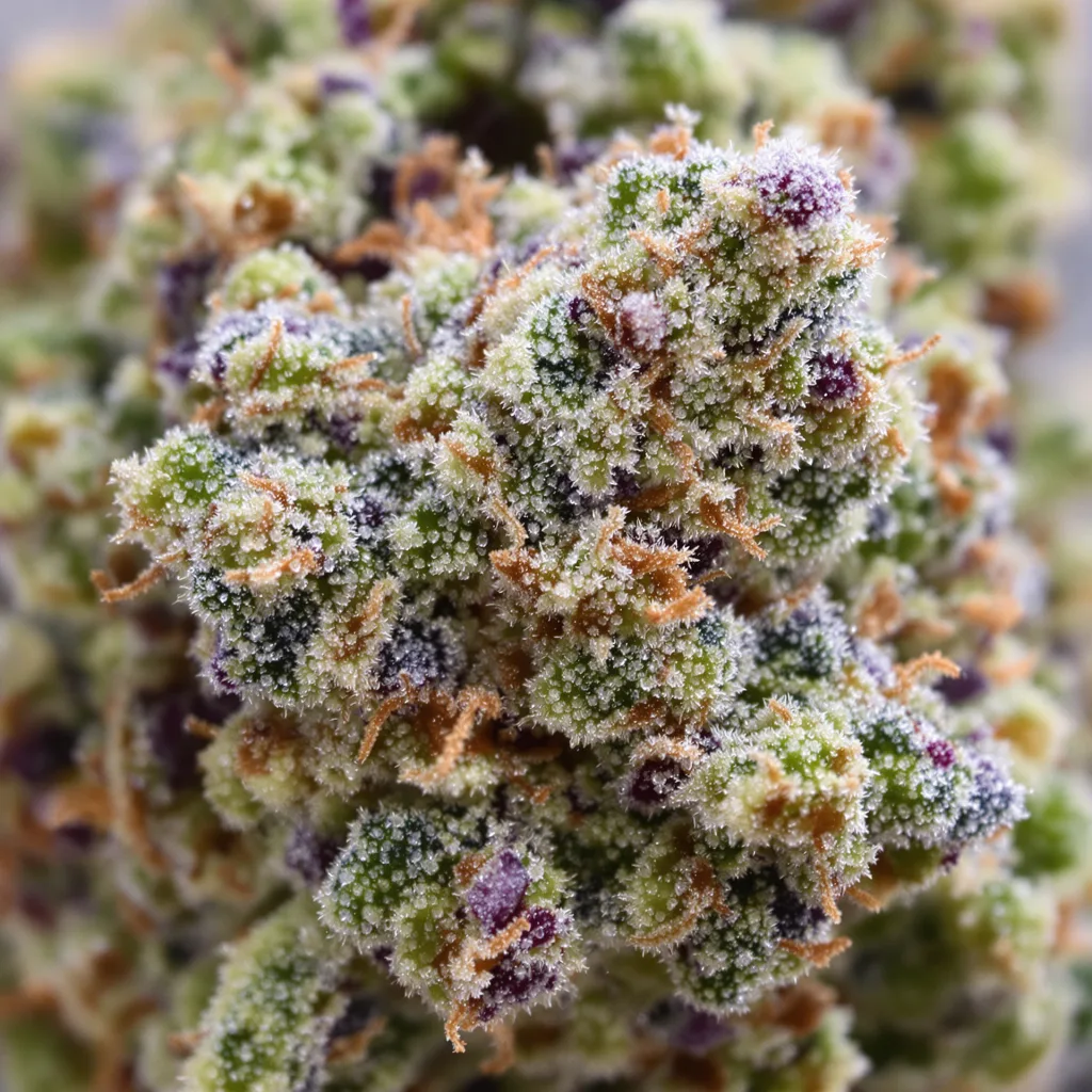 Primer plano de cogollo de cannabis Blueberry Haze mostrando estructura abierta con pistilos naranjas